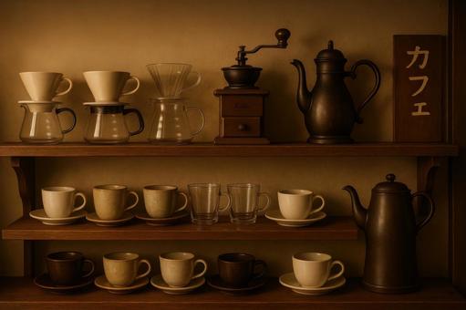 棚に並ぶコーヒー器具 棚に並ぶコーヒー器具の写真