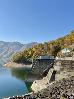 秋の福井県の九頭竜ダム　紅葉に色づく湖 秋,道路,晩秋の写真素材