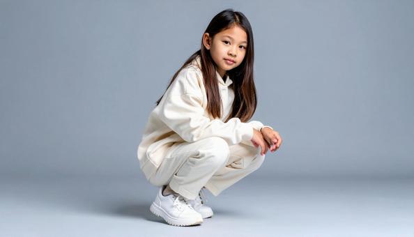 しゃがむ子ども 女子 白い服 こども しゃがむ子ども 女子 白い服 こどもの写真