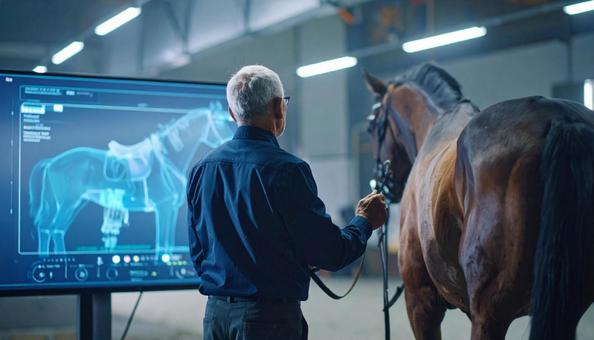 高齢者がホログラムで馬の健康情報を確認 高齢者がホログラムで馬の健康情報を確認の写真