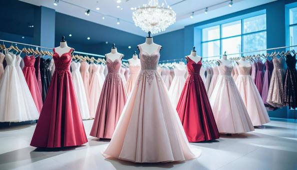 レンタルドレス屋にかかるたくさんのドレス レンタルドレス屋にかかるたくさんのドレスの写真