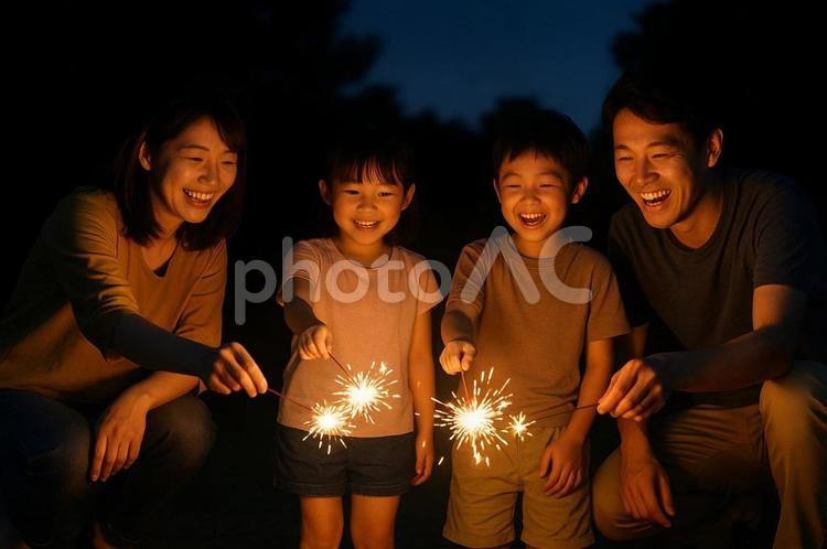 家族で手持ち花火 子ども,小学生,公園の写真素材