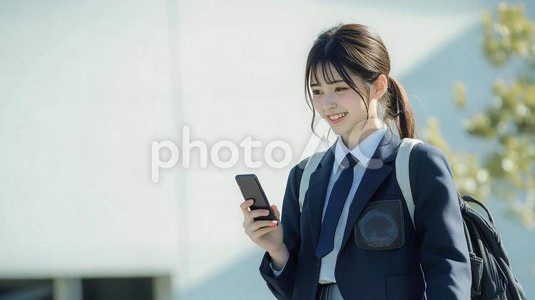 歩きながらスマートフォンを使う女子生徒 女性,女の子,スマートフォンの写真素材