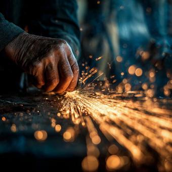 職人が金属加工中に飛び散る火花の瞬間 職人が金属加工中に飛び散る火花の瞬間の写真