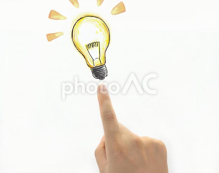 人差し指の先に光る電球 指,白背景,人差し指の写真素材