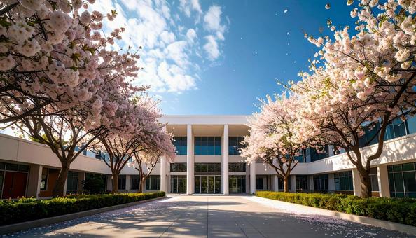 桜と青空と小学校の白い校舎 桜と青空と小学校の白い校舎の写真