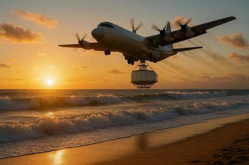 夕陽に舞う輸送機と海 夕陽に舞う輸送機と海の写真