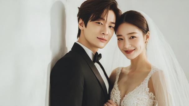 ウェディングドレスとタキシードの二人の写真