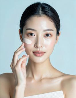ファンデーションをする女性 ファンデーションをする女性の写真