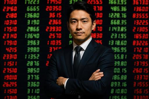 株式売買ボードを背景にする人物 株式売買ボードを背景にする人物の写真