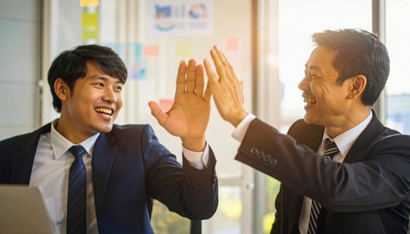 ハイタッチする二人のビジネスマン ハイタッチする二人のビジネスマンの写真