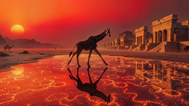 夕日に染まる古代遺跡とキリンの幻想風景 夕日に染まる古代遺跡とキリンの幻想風景の写真