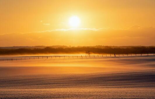 陽炎と雪煙が舞う、冬の牧場の日の出 朝焼け,日の出,牧場の写真素材