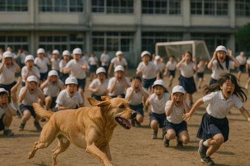 逃げる犬と騒ぐ子供たち 逃げる犬と騒ぐ子供たちの写真