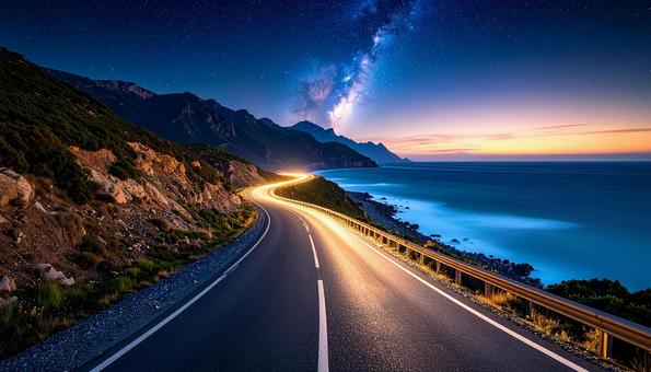 海岸沿いの道路の夜景の写真