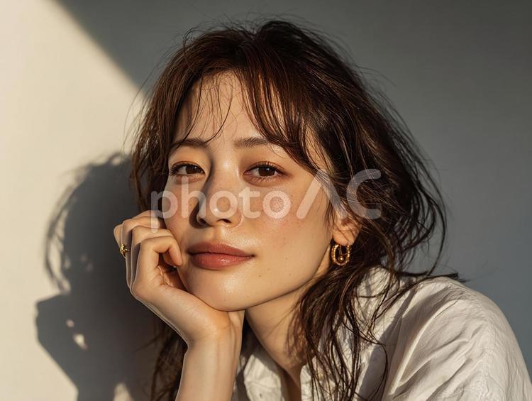 光と影の中で物思いにふける、美しい女性 女性,日本人,アジア人の写真素材