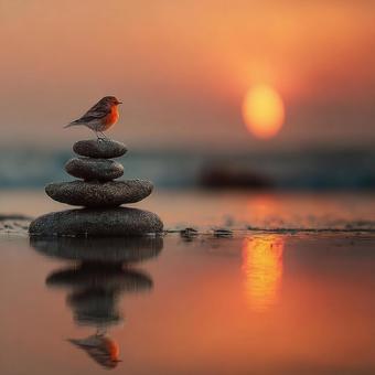水面に映る夕日と鳥、バランスストーン 水面に映る夕日と鳥、バランスストーンの写真