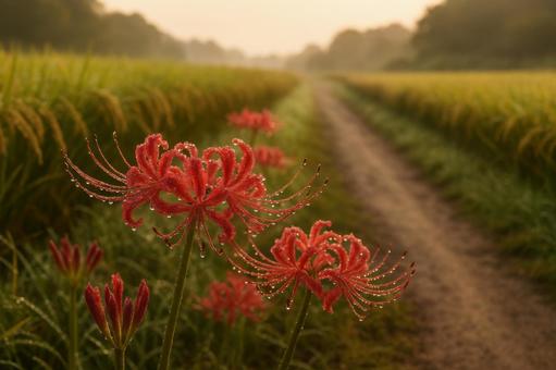 朝露に濡れる彼岸花と田んぼ道の写真