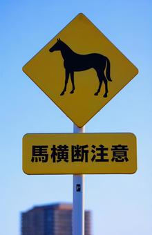 馬横断注意の道路標識～多摩川堤防上にて 馬横断注意,動物注意,看板の写真素材