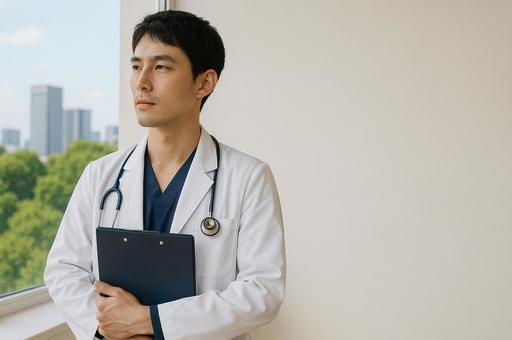 窓辺で佇む男性医師 窓辺で佇む男性医師の写真
