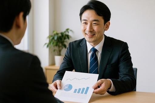 資料見せる男性社員の写真