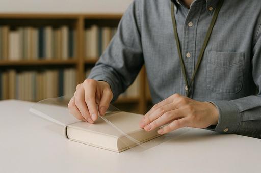 本のカバーをかける手元シーンの写真