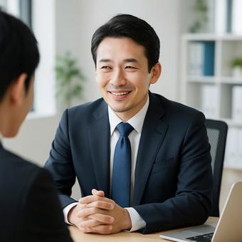 部下の報告を聞く中堅社員ビジネスマンの写真