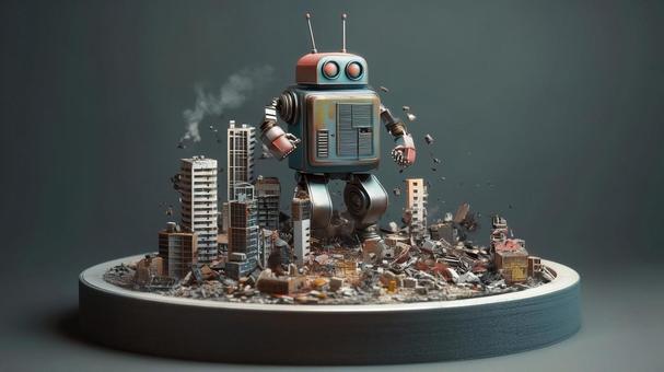 Diorama of a robot destroying a city, robot, diorama, street, JPG