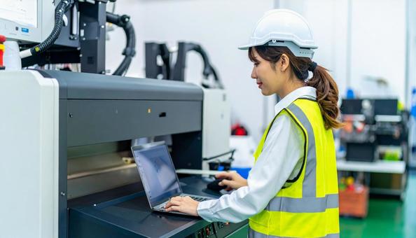 工場の三次元測定機を使う作業服の女性 工場の三次元測定機を使う作業服の女性の写真