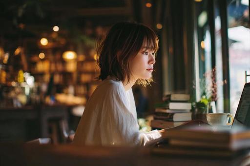 カフェでリモートワークする女性の写真