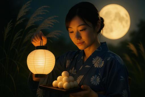 提灯の明かりで団子を照らす女性 提灯の明かりで団子を照らす女性の写真