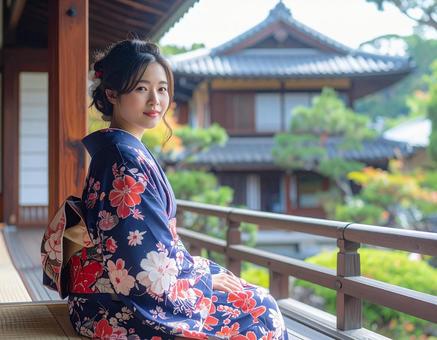 A woman in a yukata smiling on the veranda①, yukata, japanese women, rim side, JPG