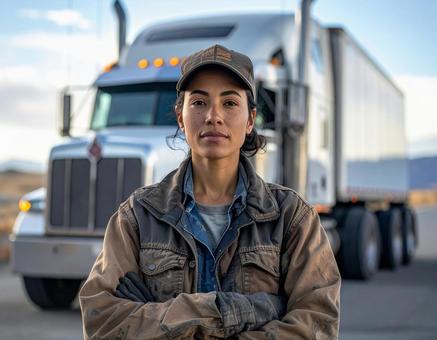 トラックの前でポーズをとる女性ドライバー トラックの前でポーズをとる女性ドライバーの写真
