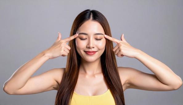目をつむり目を指差す女性 目をつむり目を指差す女性の写真