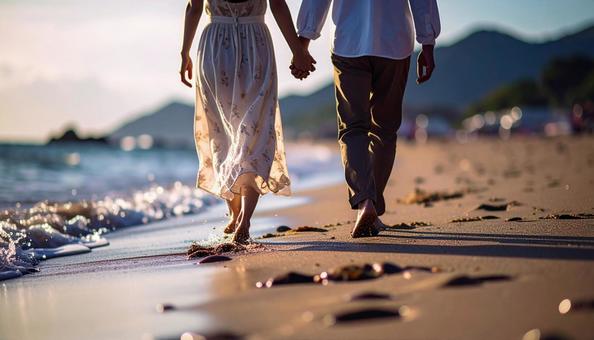 手を繋いで海辺を歩くカップルの写真