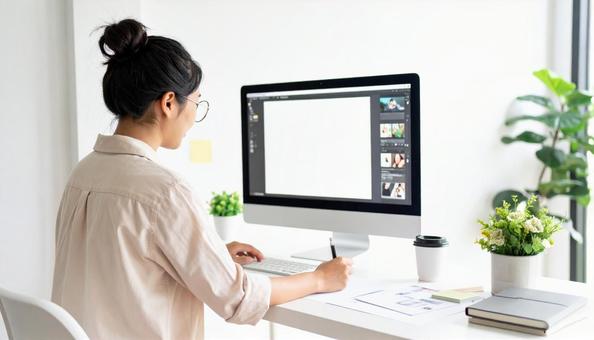 団子ヘアの女性Webデザイナーの後ろ姿 団子ヘアの女性Webデザイナーの後ろ姿の写真