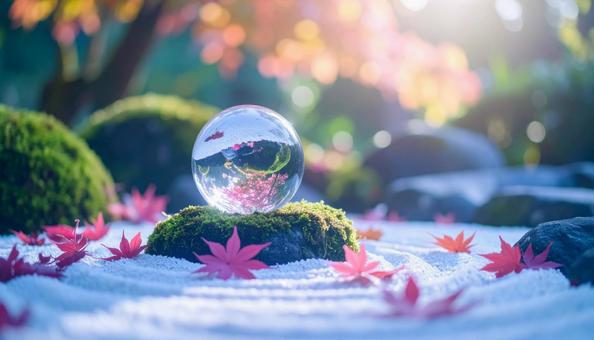水晶玉が映す秋の庭の写真