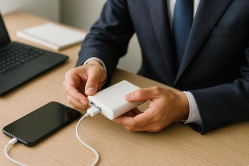 携帯充電器を確認する会社員の手元の写真