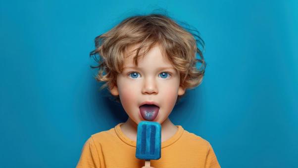 アイスを食べて舌が青くなった男の子 アイスを食べて舌が青くなった男の子の写真