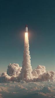 力強く上昇する宇宙ロケットの軌跡 力強く上昇する宇宙ロケットの軌跡の写真