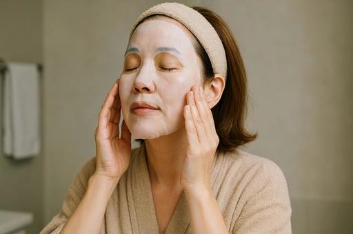 フェイスマスクで肌ケアする女性の写真