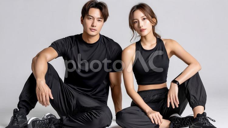 黒のトレーニングウェアを着た男女 スポーツウェア,トレーニングウェア,ジムウェアの写真素材