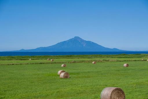 牧草地と日本海越しに望む夏の利尻岳 牧草地と日本海越しに望む夏の利尻岳 利尻岳,麦わらロール,干し草ロールの写真素材