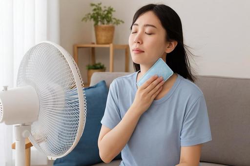 暑さ対策で涼をとる女性 暑さ対策で涼をとる女性の写真