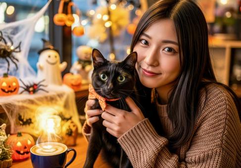 ハロウィンの猫カフェで黒猫を撫でる女性の写真
