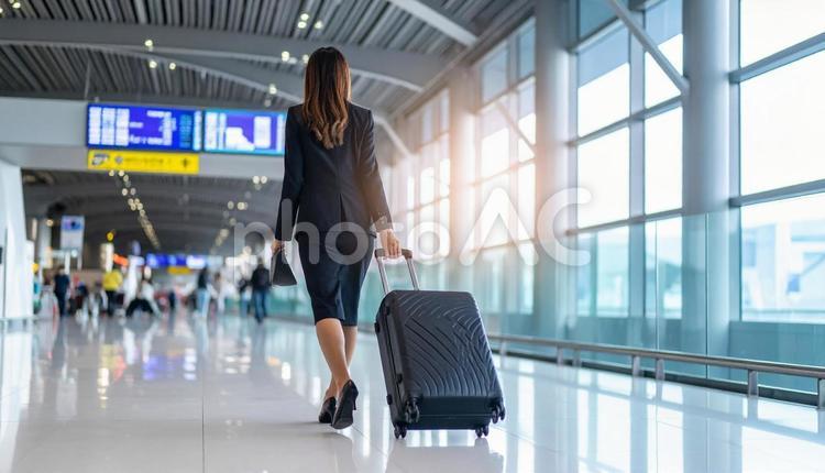 空港でスーツケースを引いて歩く女性 空港,女性,スーツケースの写真素材