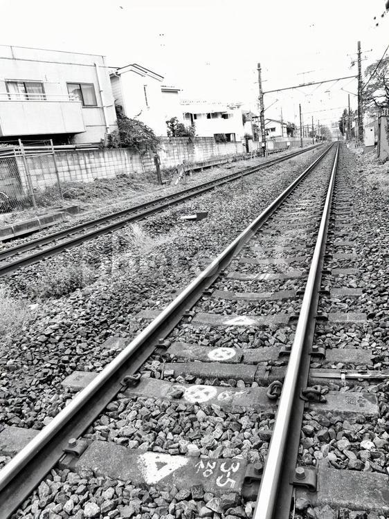 線路のある風景２　白黒 インフラ,コピースペース,コンクリートの写真素材