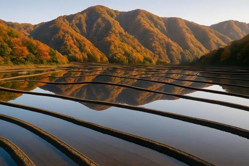 水鏡の棚田と紅葉山の写真