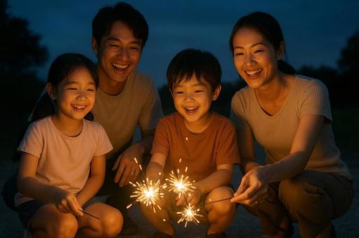 家族で手持ち花火を楽しむ様子 家族で手持ち花火を楽しむ様子の写真