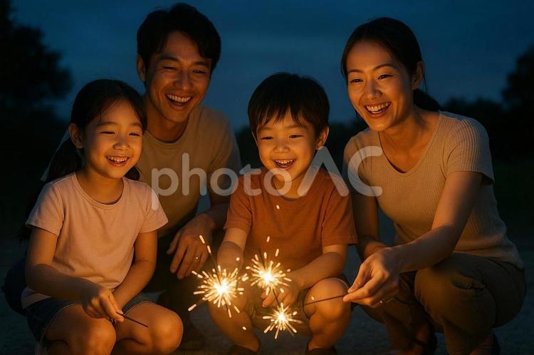 家族で手持ち花火を楽しむ様子 子ども,小学生,公園の写真素材